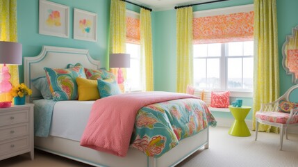 Summertime bedroom with colorful interior design in the morning sun