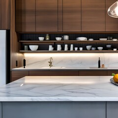 A minimalist kitchen with open shelving and marble countertops3, Generative AI