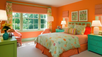 Colorful bedroom with playful interior design in the summer