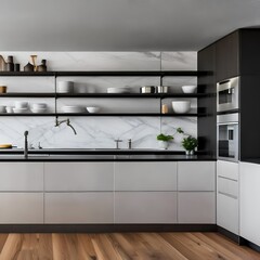 A minimalist kitchen with open shelving and marble countertops1, Generative AI