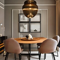 A retro-inspired dining room with a round table and vintage lighting2, Generative AI