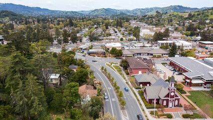 Afternoon aerial view of the historic downtown urban core of Novato, California, USA. - obrazy, fototapety, plakaty