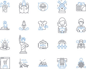 Wanderlust wizard line icons collection. Adventure, Travel, Exploration, Magic, Curiosity, Mysticism, Journeys vector and linear illustration. Wings,Maps,Enchantment outline signs set Generative AI