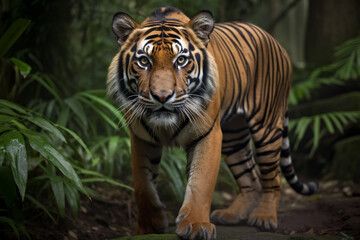 cool sumatra tiger standing - obrazy, fototapety, plakaty
