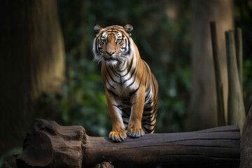 cool sumatra tiger standing on wood