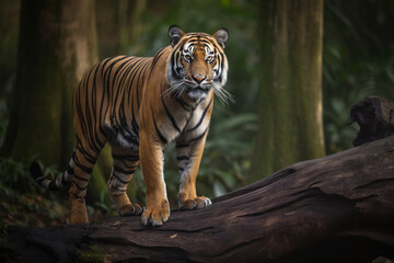 cool sumatra tiger standing on wood