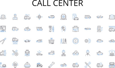 Naklejka na ściany i meble Call center line icons collection. Alpine, Ravine, Cliff, Summit, Gorge, Ridge, Peak vector and linear illustration. Canyon,Uplands,Slope outline signs set Generative AI