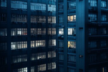 Fototapeta na wymiar Blue window high-rise buildings against a dark concrete backdrop. 3D rendering. Generative AI
