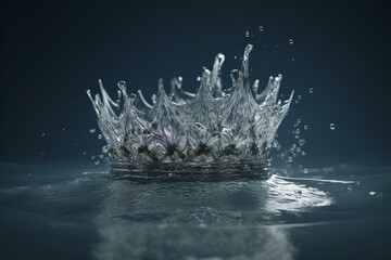 Realistic 3D illustration of frozen splash crown on calm water surface. Represents clean environment, fresh source, natural product. Keywords: frozen, motion, splash, waves, droplets,. Generative AI