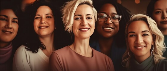 Obraz premium Empowering Women in the Workplace Inclusivity: Celebrating International Women's Day with Diversity Equity Inclusion (DEI) in the Education Industry with Multiracial Female Teachers. Generative AI