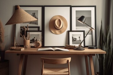 Chic boho office with wooden desk, rattan chair, poster frame, decor, lamp, hat, office supplies. Generative AI