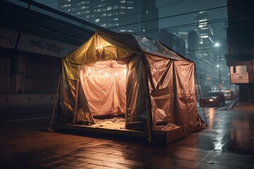 A temporary shelter on an urban road. Generative AI - obrazy, fototapety, plakaty