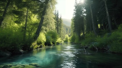 Fototapeta na wymiar serene river flows into picturesque lake, digital art illustration, Generative AI