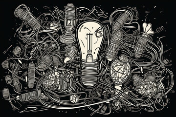 Messy lines and bulb. Idea concept with outline lamps. Process of untangling wire to supply electricity to lightbulb. Generative AI