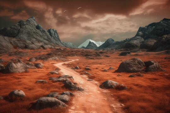 A surreal landscape - orange and rocky with a mysterious road leading to the unknown. A fantasy-like feel adds to the intrigue. Generative AI
