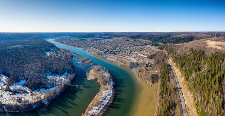 Southern Urals, Krasny Klyuch village. High water on the Ufa River. Aerial view.