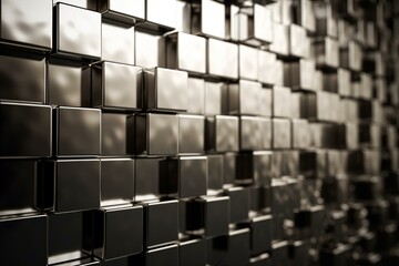 Luxurious 3D wall of polished, silver blocks in rectangular tile wallpaper. Rendered with a tile background. Generative AI