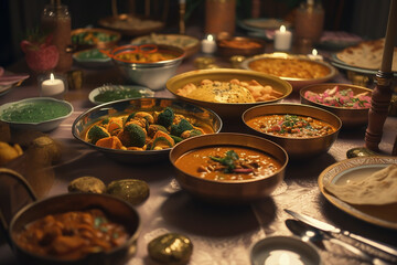 A banquet meal of curry and rice with naan bread and condiments.  Generative AI.