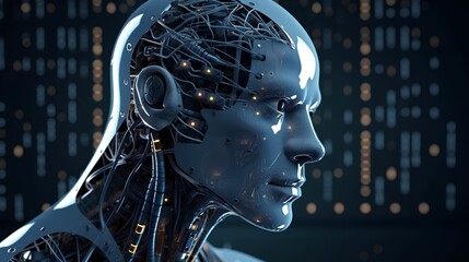 AI concept image features a futuristic humanoid robot head Intersection of advanced technology and human like qualities. Evolving artificial intelligence concept. Generative AI