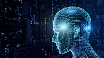 Fototapeta premium AI concept image showcases a digital hologram of the human head, symbolizing the fusion of technology and the human mind. Limitless potential of artificial intelligence. Generative AI