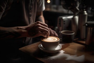 Fototapeta na wymiar A photograph of a skilled barista creating latte art in a trendy coffee shop during a bustling morning rush, Generative AI, Generative, AI