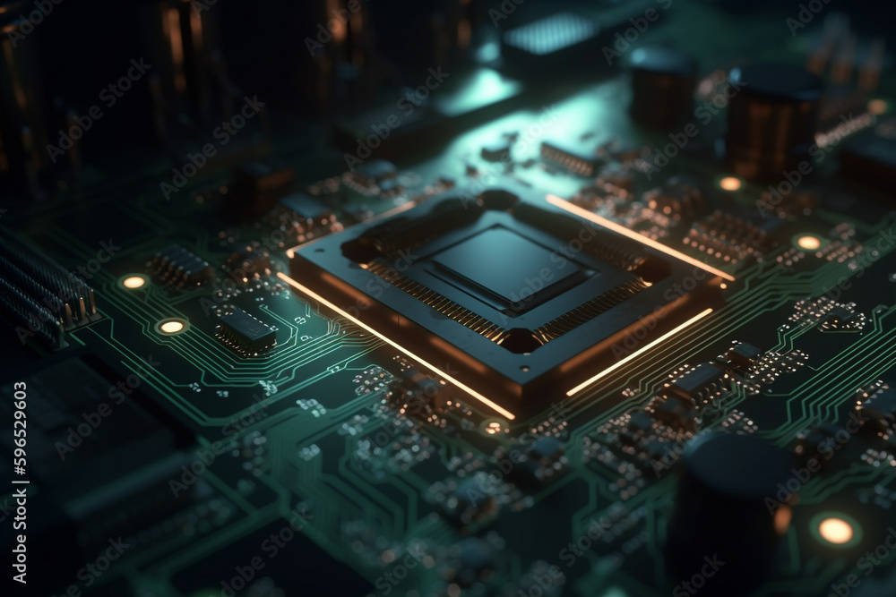 Poster modern technology background with circuit board and glowing lines, generative ai