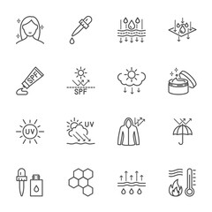 beauty skin care UV protection icon set Editable stroke, Vector Thin Line Icons 
