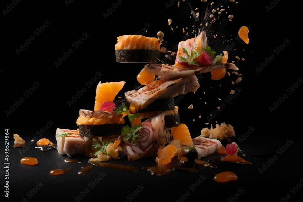 Wall mural Flying sushi pieces with Japanese cuisine on a black background. Generative AI - Wall murals