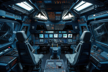 Central console and cabin in the aircraft cockpit - obrazy, fototapety, plakaty