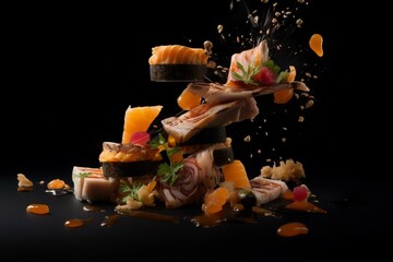 Flying sushi pieces with Japanese cuisine on a black background. Generative AI