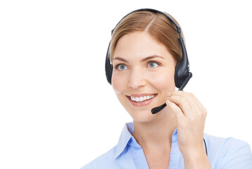 Fototapeta premium Call center, face and a woman with smile and headset for customer service and support. Happy female consultant, telemarketing microphone and sales agent isolated on transparent, png background