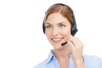 Call center, face and a woman with smile and headset for customer service and support. Happy female consultant, telemarketing microphone and sales agent isolated on transparent, png background