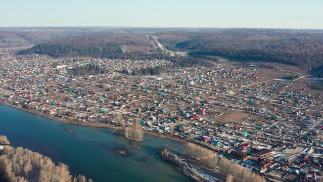 Southern Urals, Krasny Klyuch village. High water on the Ufa River. Aerial view.