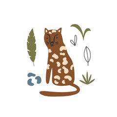 Cute leopard surrounded by tropical plants. Vector illustration isolated on white background for your design