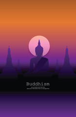 Silhouette of Buddha sitting purple vector background-Magha Puja, Asanha Puja, Visakha Puja Day, Buddhist holiday concept
