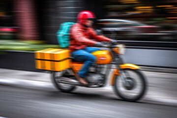 Obraz premium A man rides a motorcycle on the street to send a courier
