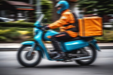 Obraz na płótnie Canvas A man rides a motorcycle on the street to send a courier