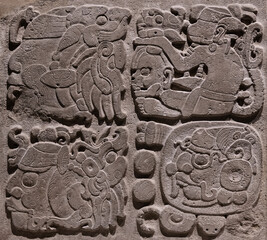 Mayan Alphabet. Close up of hieroglyph or glyph writing system found in Copan (Honduras), Tikal (Guatemala) and Chichen Itza, Palenque, Uxmal, Yaxchilan, Bonampak (Mexico).
