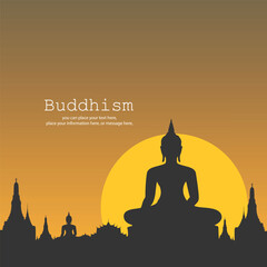 Silhouette of Buddha at sunset. Shadow Buddhism and temple on sunset vector illustration background. Magha puja day, Vesak day banner, important Buddhist days Thailand culture