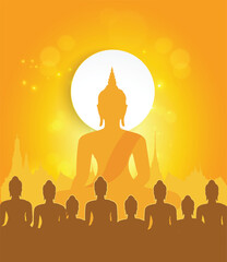 Fototapeta premium silhouette of a person meditating. sitting monk listening to dharma and temple on yellow vector illustration background. Magha puja day, Vesak day banner, important Buddhist days Thailand culture