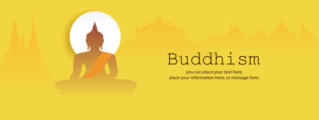 Banner Buddhism and temple on yellow vector illustration background. Magha puja day, Vesak day banner, important Buddhist days Thailand culture