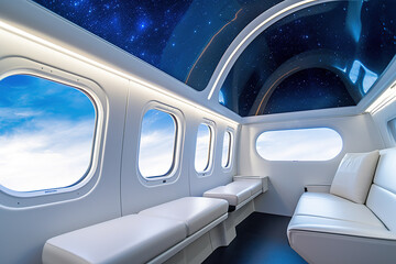 Luxury passenger aircraft business class inside scene