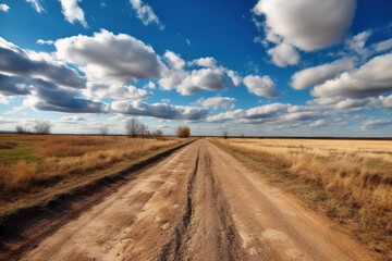 Fototapeta na wymiar A path on the side of the dirt field is under the blue sky and white clouds. High -quality photo