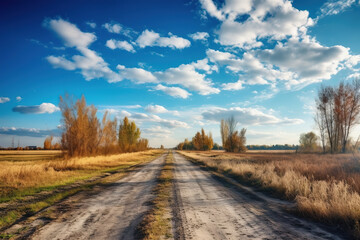 Obraz premium A path on the side of the dirt field is under the blue sky and white clouds. High -quality photo