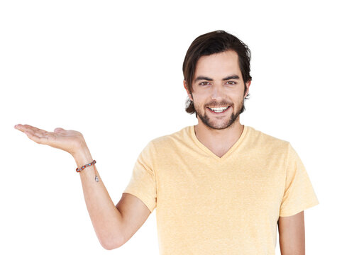 Presentation portrait, happy man and palm gesture for retail news, discount opportunity or product sales launch. Brand commercial, promotion choice and person isolated on transparent, png background
