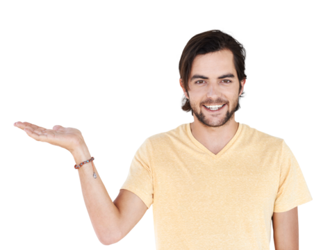 Presentation portrait, happy man and palm gesture for retail news, discount opportunity or product sales launch. Brand commercial, promotion choice and person isolated on transparent, png background