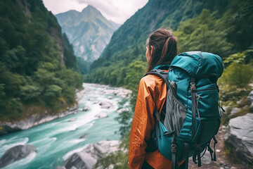 Young people of travelers stand on the rocks and enjoy the natural landscapes in the mountains.