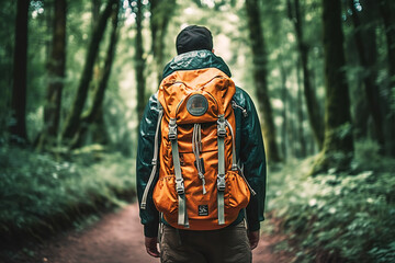 Traveler's young people outdoor hiking; appreciate natural landscape