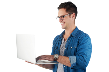 Happy, smile and laptop with man on png background for creative, internet or connection. Web design, technology and online with male freelancer isolated on transparent for website, blogger or search