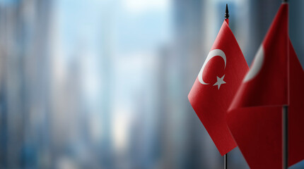 Small flags of the Turkey on an abstract blurry background